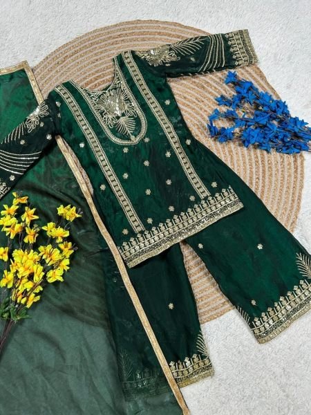 Green Festive Fendy Silk Kids Palazzo Set with Elegant Dupatta Girls Wear