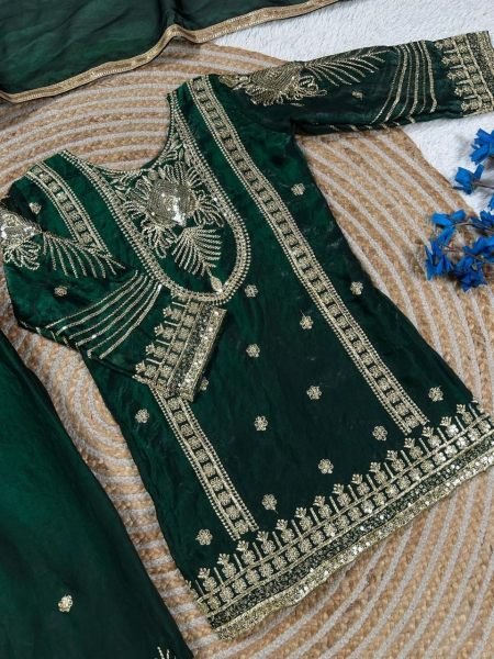 Green Festive Fendy Silk Kids Palazzo Set with Elegant Dupatta Girls Wear