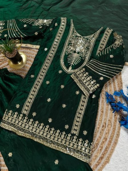 Green Festive Fendy Silk Kids Palazzo Set with Elegant Dupatta Girls Wear