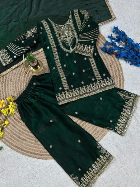 Green Festive Fendy Silk Kids Palazzo Set with Elegant Dupatta Girls Wear