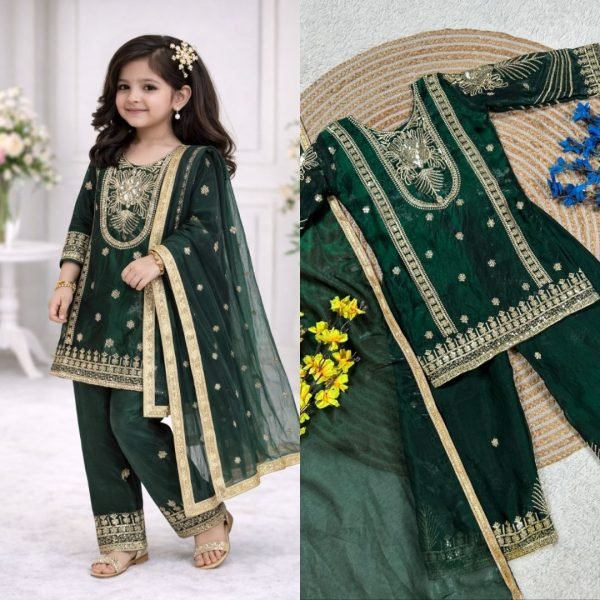 Green Festive Fendy Silk Kids Palazzo Set with Elegant Dupatta Girls Wear