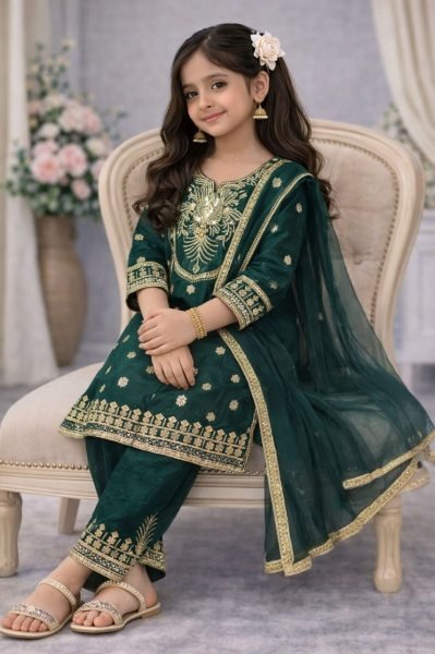 Green Festive Fendy Silk Kids Palazzo Set with Elegant Dupatta Girls Wear