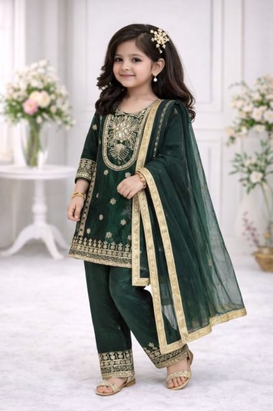 Green Festive Fendy Silk Kids Palazzo Set with Elegant Dupatta Girls Wear