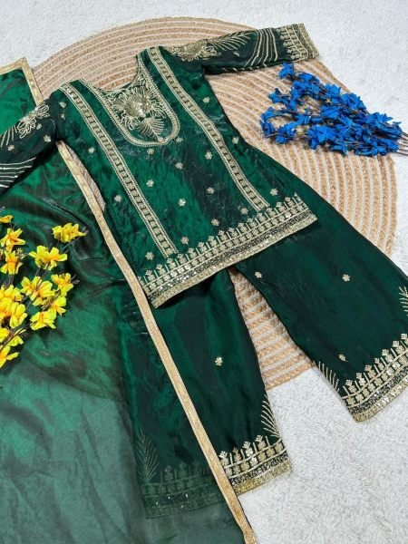 Green Festive Fendy Silk Kids Palazzo Set with Elegant Dupatta Girls Wear