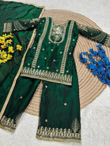 Green Festive Fendy Silk Kids Palazzo Set with Elegant Dupatta Girls Wear
