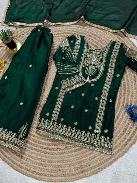 Green Festive Fendy Silk Kids Palazzo Set with Elegant Dupatta Girls Wear