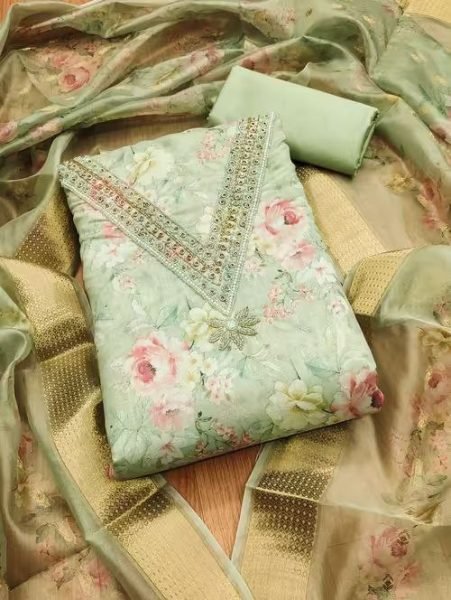 Green floral printed Chanderi silk dress material on the neckline and a matching dupatta   Color Set Matching Dress Material Wholesale