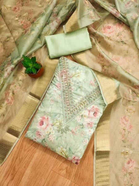 Green floral printed Chanderi silk dress material on the neckline and a matching dupatta   Color Set Matching Dress Material Wholesale