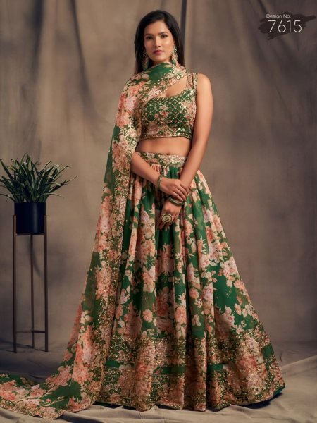 Green Floral Printed Organza Lehenga Choli Set With Zari And Sequins Embroidery Designer Lehenga Choli