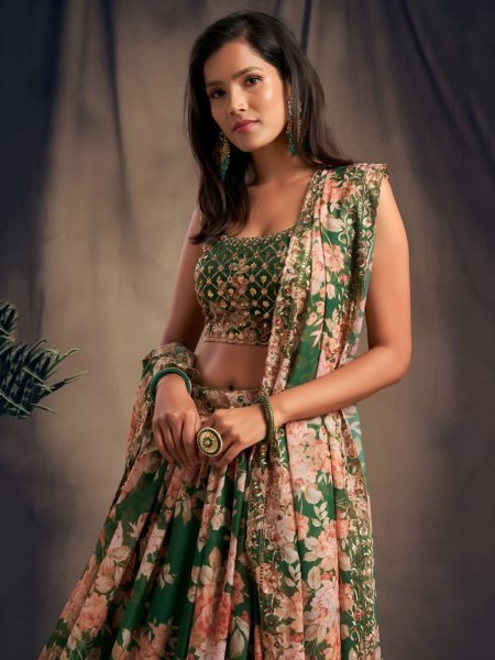 Green Floral Printed Organza Lehenga Choli Set With Zari And Sequins Embroidery Designer Lehenga Choli