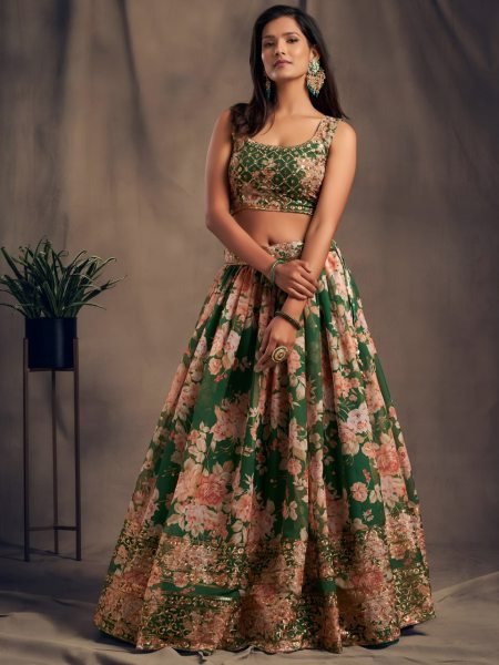 Green Floral Printed Organza Lehenga Choli Set With Zari And Sequins Embroidery Designer Lehenga Choli