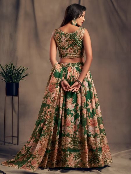 Green Floral Printed Organza Lehenga Choli Set With Zari And Sequins Embroidery Designer Lehenga Choli
