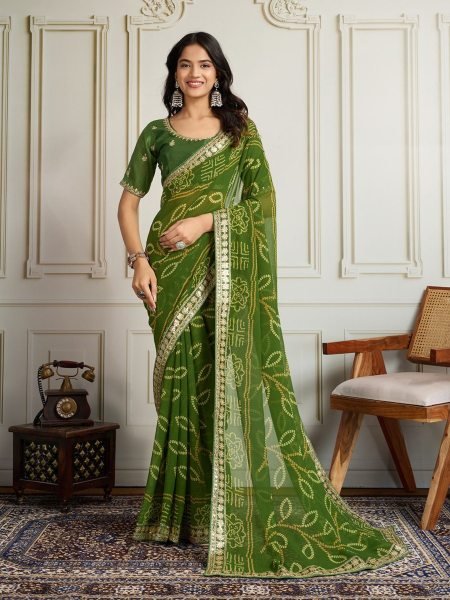Green Georgette Bandhej Saree with Designer Lace Festive Edition Sarees 