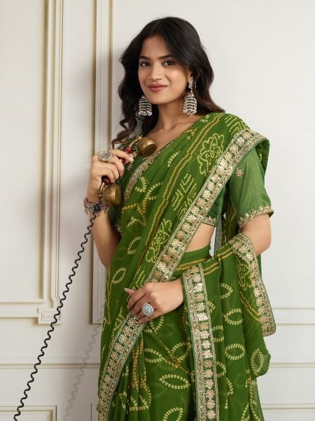 Green Georgette Bandhej Saree with Designer Lace Festive Edition Bandhej Sarees Wholesale