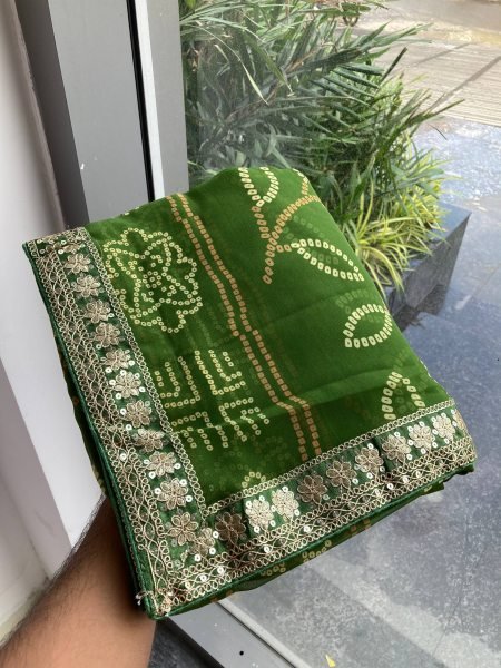 Green Georgette Bandhej Saree with Designer Lace Festive Edition Bandhej Sarees Wholesale