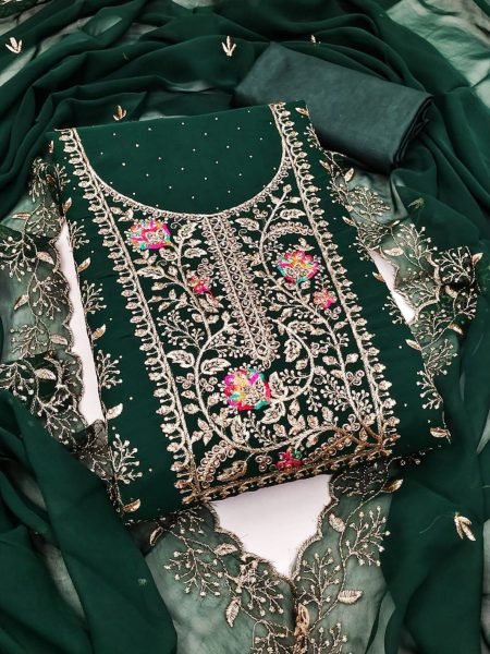 Green Georgette Dress Material With Floral Embroidery and Sparkling Stone Work at Low Price Dress Material 