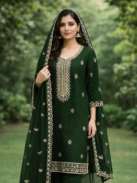 Green Georgette Dress Material with Diamond Work and Matching Dupatta 
