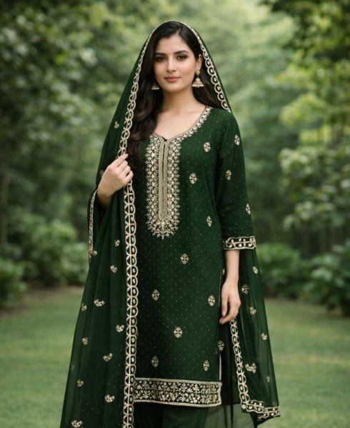 Green Georgette Dress Material with Diamond Work and Matching Dupatta Color Set Matching Dress Material Wholesale