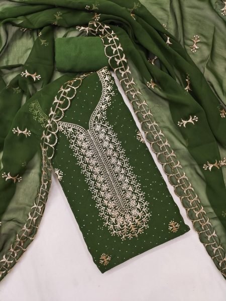 Green Georgette Dress Material with Diamond Work and Matching Dupatta Color Set Matching Dress Material Wholesale