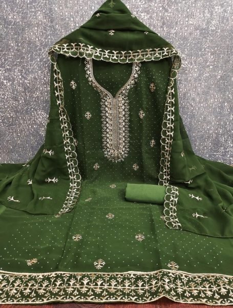 Green Georgette Dress Material with Diamond Work and Matching Dupatta Color Set Matching Dress Material Wholesale