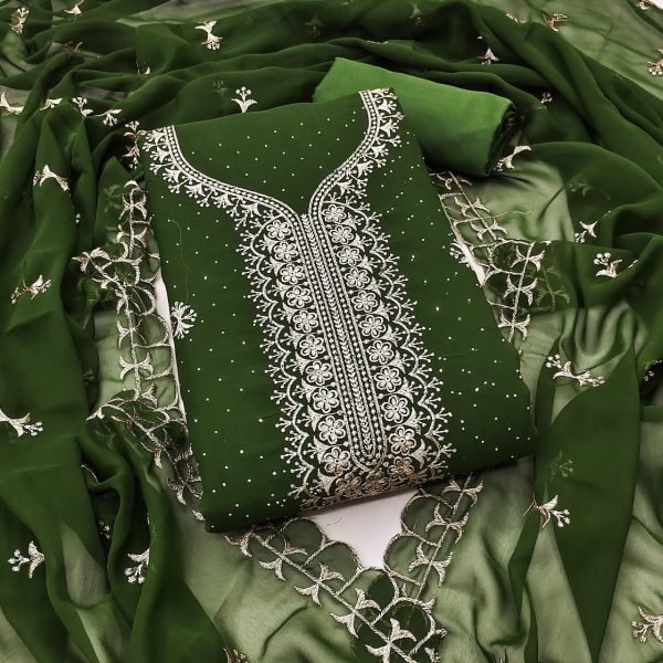 Green Georgette Dress Material with Diamond Work and Matching Dupatta Color Set Matching Dress Material Wholesale