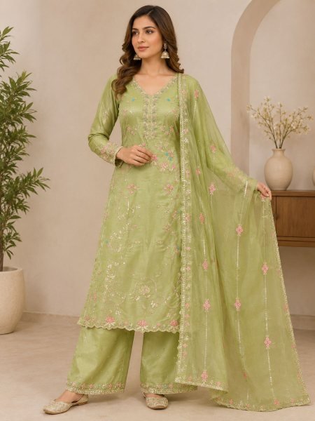 Green Gym Silk Embroidered Top Plazzo With Dupatta Set For Party Wear Ready To Wear Suit