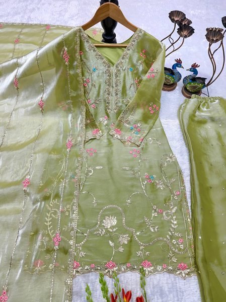 Green Gym Silk Embroidered Top Plazzo With Dupatta Set For Party Wear Ready To Wear Collection