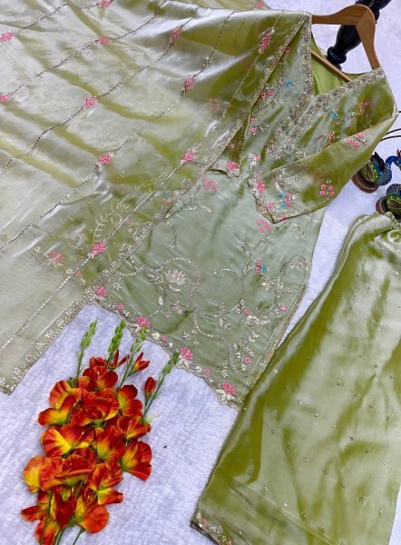 Green Gym Silk Embroidered Top Plazzo With Dupatta Set For Party Wear Ready To Wear Collection