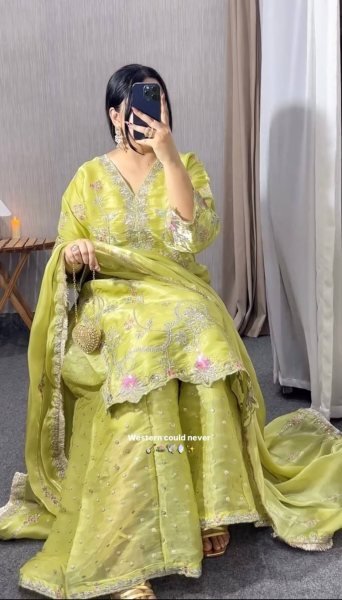 Green Gym Silk Embroidered Top Plazzo With Dupatta Set For Party Wear Ready To Wear Collection