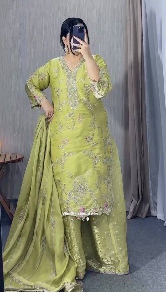 Green Gym Silk Embroidered Top Plazzo With Dupatta Set For Party Wear Ready To Wear Collection
