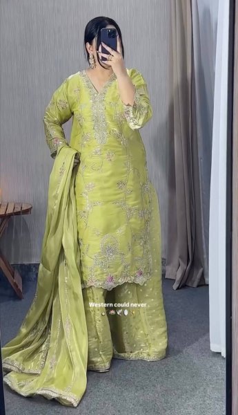 Green Gym Silk Embroidered Top Plazzo With Dupatta Set For Party Wear Ready To Wear Collection