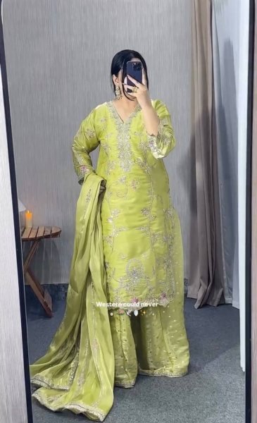 Green Gym Silk Embroidered Top Plazzo With Dupatta Set For Party Wear Ready To Wear Collection