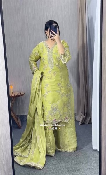 Green Gym Silk Embroidered Top Plazzo With Dupatta Set For Party Wear Ready To Wear Collection