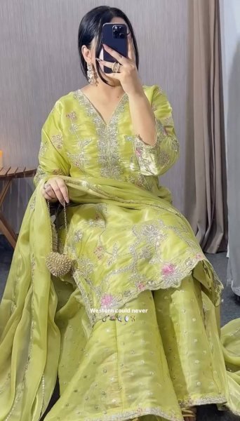 Green Gym Silk Embroidered Top Plazzo With Dupatta Set For Party Wear Ready To Wear Collection