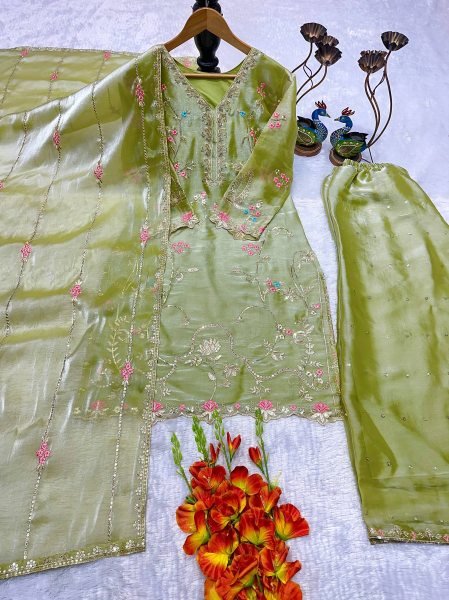 Green Gym Silk Embroidered Top Plazzo With Dupatta Set For Party Wear Ready To Wear Collection