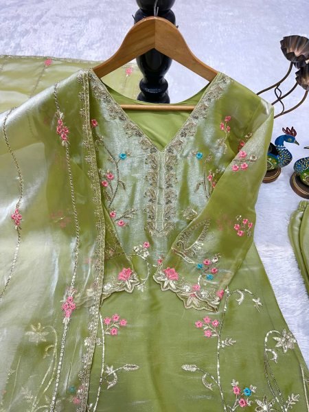 Green Gym Silk Embroidered Top Plazzo With Dupatta Set For Party Wear Ready To Wear Collection