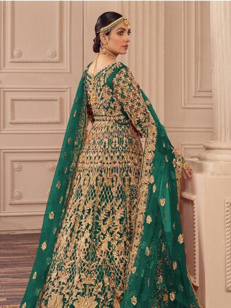 Green Heavy Butterfly Net Bridal Gown with Golden Zari and Stone Work  Anarakali Gown Wholesale
