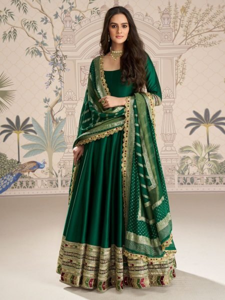 Green Heavy Vichitra Silk Gown Collection with Banarasi Dupatta and Rich Embroidery 