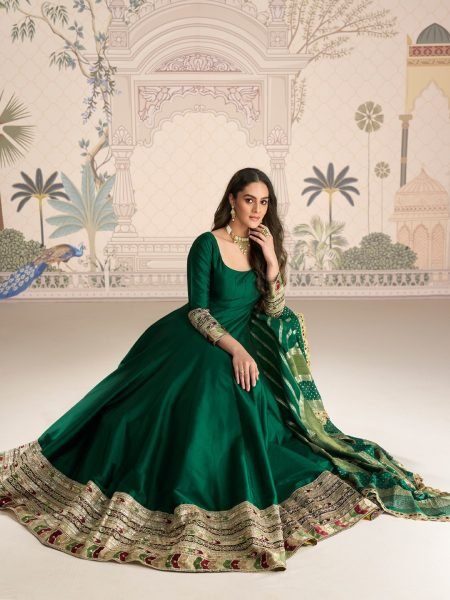 Green Heavy Vichitra Silk Gown Collection with Banarasi Dupatta and Rich Embroidery Anarakali Gown Wholesale