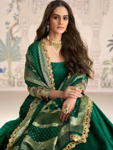 Green Heavy Vichitra Silk Gown Collection with Banarasi Dupatta and Rich Embroidery Anarakali Gown Wholesale