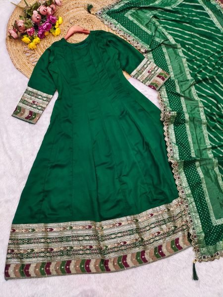 Green Heavy Vichitra Silk Gown Collection with Banarasi Dupatta and Rich Embroidery Anarakali Gown Wholesale