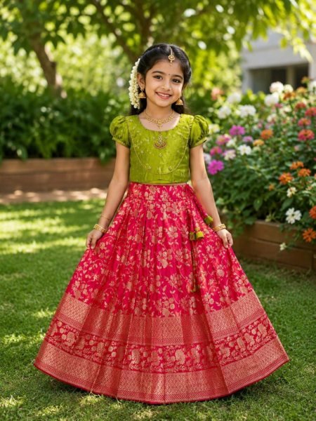 Green Hot Pink Kids Pure Silk Lehenga Choli with Heavy Maggam Work for Girls