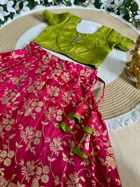 Green Hot Pink Kids Pure Silk Lehenga Choli with Heavy Maggam Work for Girls Girls Wear