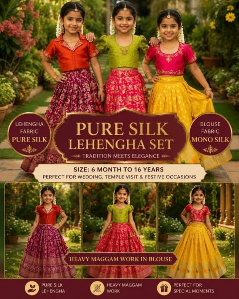 Green Hot Pink Kids Pure Silk Lehenga Choli with Heavy Maggam Work for Girls Girls Wear