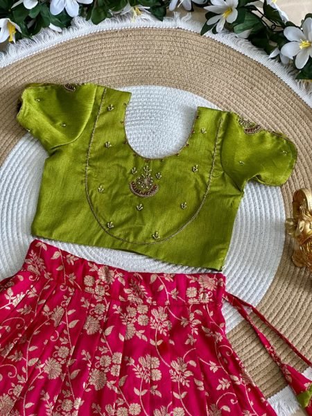 Green Hot Pink Kids Pure Silk Lehenga Choli with Heavy Maggam Work for Girls Girls Wear