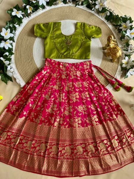 Green Hot Pink Kids Pure Silk Lehenga Choli with Heavy Maggam Work for Girls Girls Wear