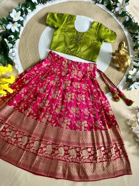Green Hot Pink Kids Pure Silk Lehenga Choli with Heavy Maggam Work for Girls Girls Wear