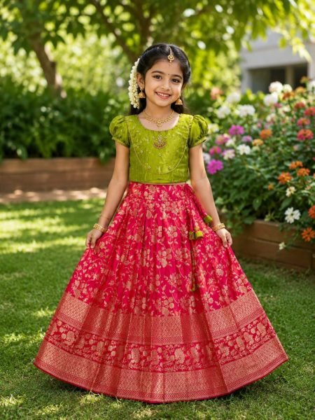 Green Hot Pink Kids Pure Silk Lehenga Choli with Heavy Maggam Work for Girls Girls Wear