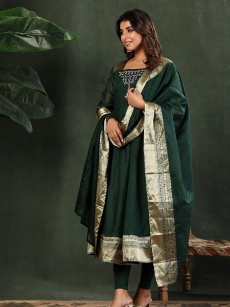 Green Kanchi Cotton Maxi Gown with Jacquard Lace and Embroidery for Festive Wear Embroidery Kurtis 
