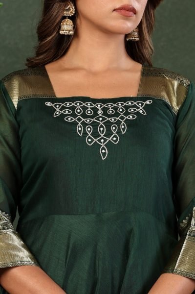 Green Kanchi Cotton Maxi Gown with Jacquard Lace and Embroidery for Festive Wear Embroidery Kurtis 
